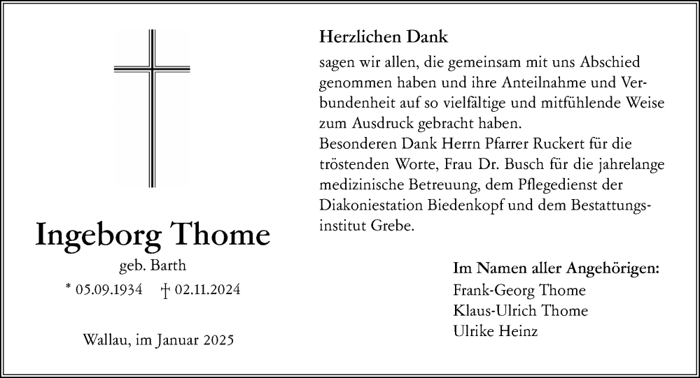  Traueranzeige für Ingeborg Thome vom 31.01.2025 aus Hinterländer Anzeiger