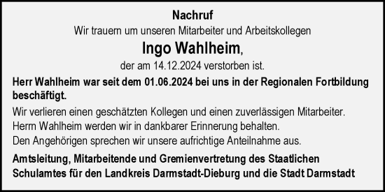 Traueranzeige von Ingo Wahlheim von Darmstädter Echo