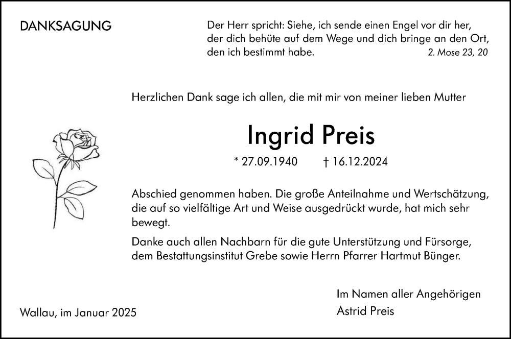  Traueranzeige für Ingrid Preis vom 28.01.2025 aus Hinterländer Anzeiger