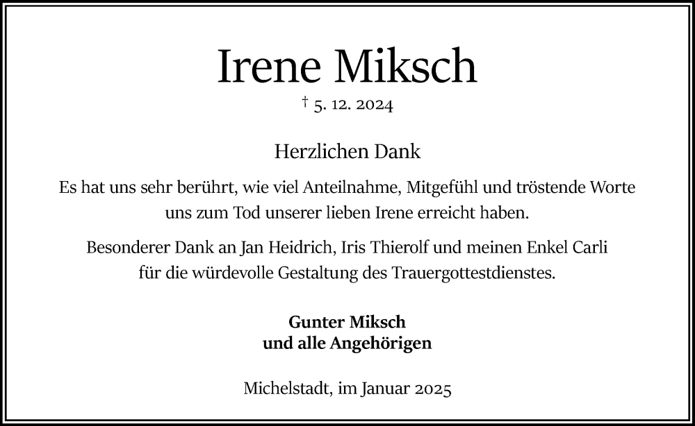  Traueranzeige für Irene Miksch vom 11.01.2025 aus Odenwälder Echo