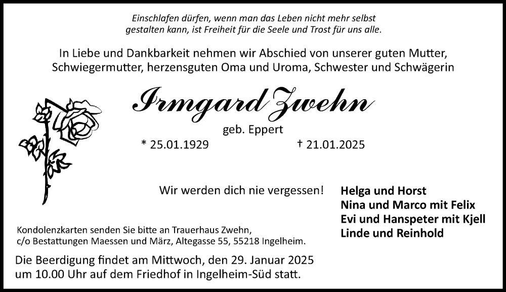  Traueranzeige für Irmgard Zwehn vom 25.01.2025 aus Allgemeine Zeitung Rheinhessen-Nahe