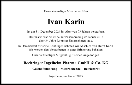 Traueranzeige von Ivan Karin von Allgemeine Zeitung Rheinhessen-Nahe