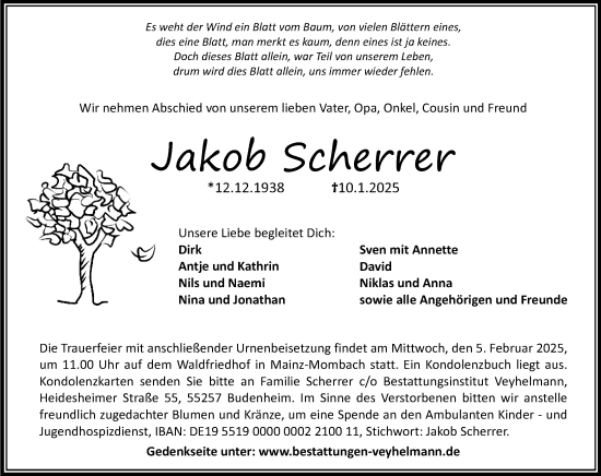 Traueranzeige von Jakob Scherrer von Allgemeine Zeitung Mainz