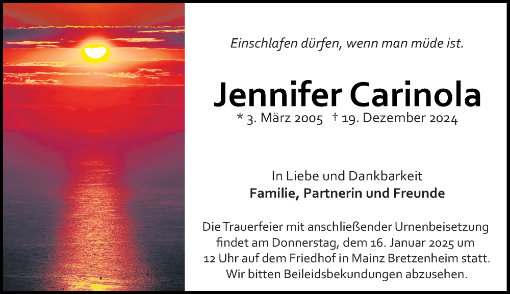  Traueranzeige für Jennifer Carinola vom 11.01.2025 aus Allgemeine Zeitung Mainz