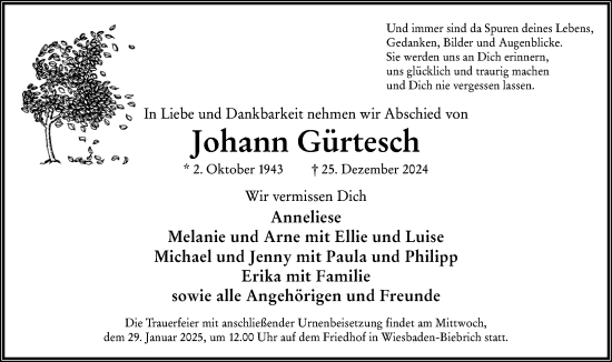 Traueranzeige von Johann Gürtesch von Wiesbadener Kurier