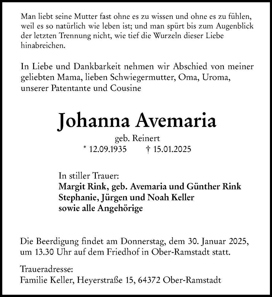  Traueranzeige für Johanna Avemaria vom 25.01.2025 aus Darmstädter Echo