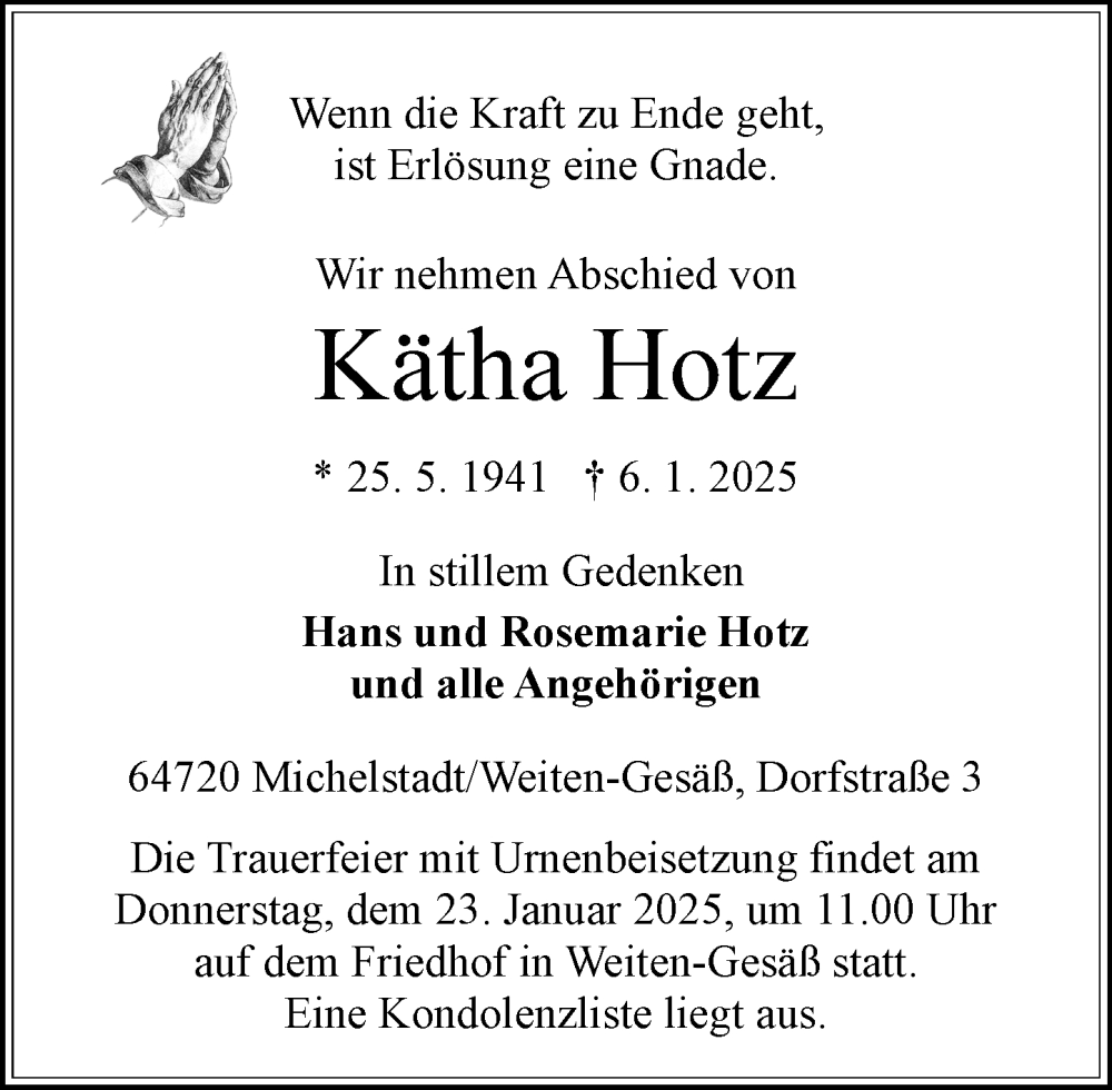  Traueranzeige für Kätha Hotz vom 18.01.2025 aus Odenwälder Echo