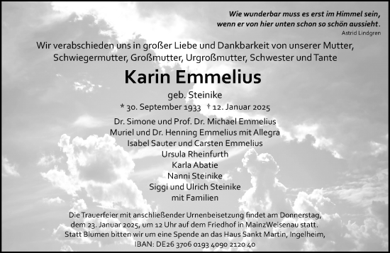 Traueranzeige von Karin Emmelius von Allgemeine Zeitung Mainz