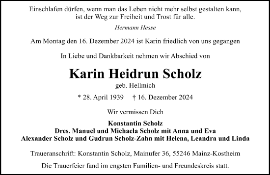 Traueranzeige von Karin Heidrun Scholz von Allgemeine Zeitung Mainz