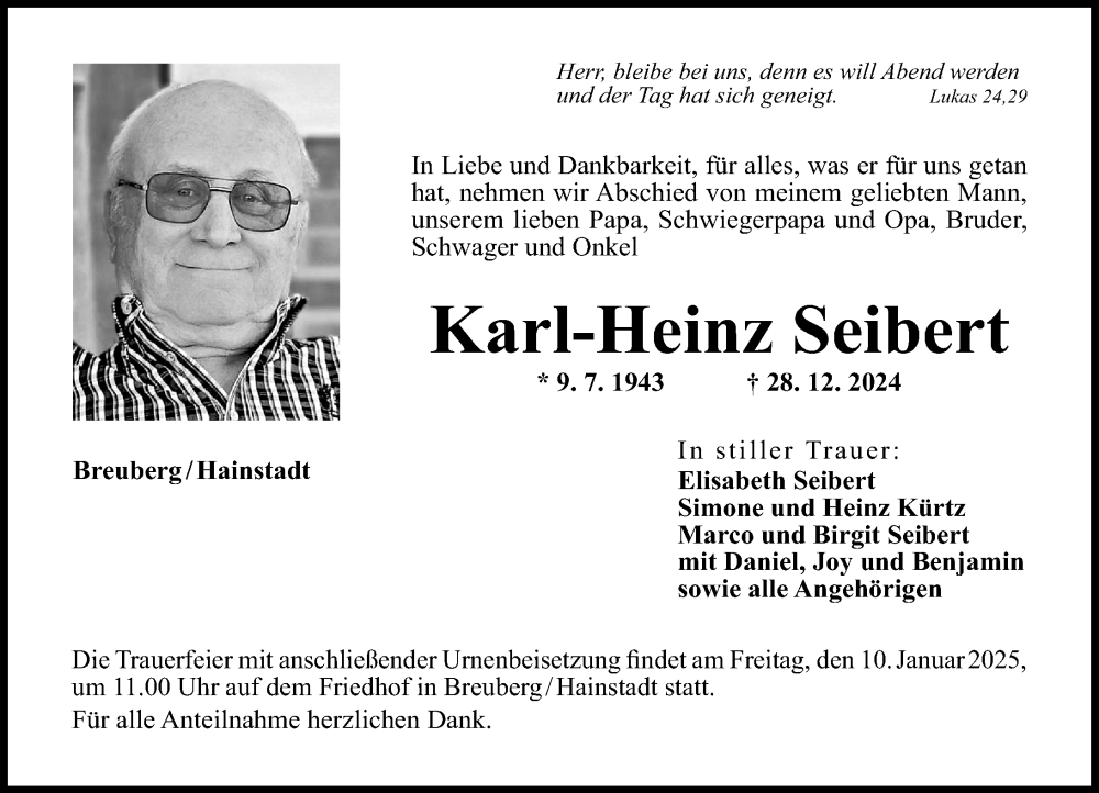  Traueranzeige für Karl-Heinz Seibert vom 08.01.2025 aus Odenwälder Echo