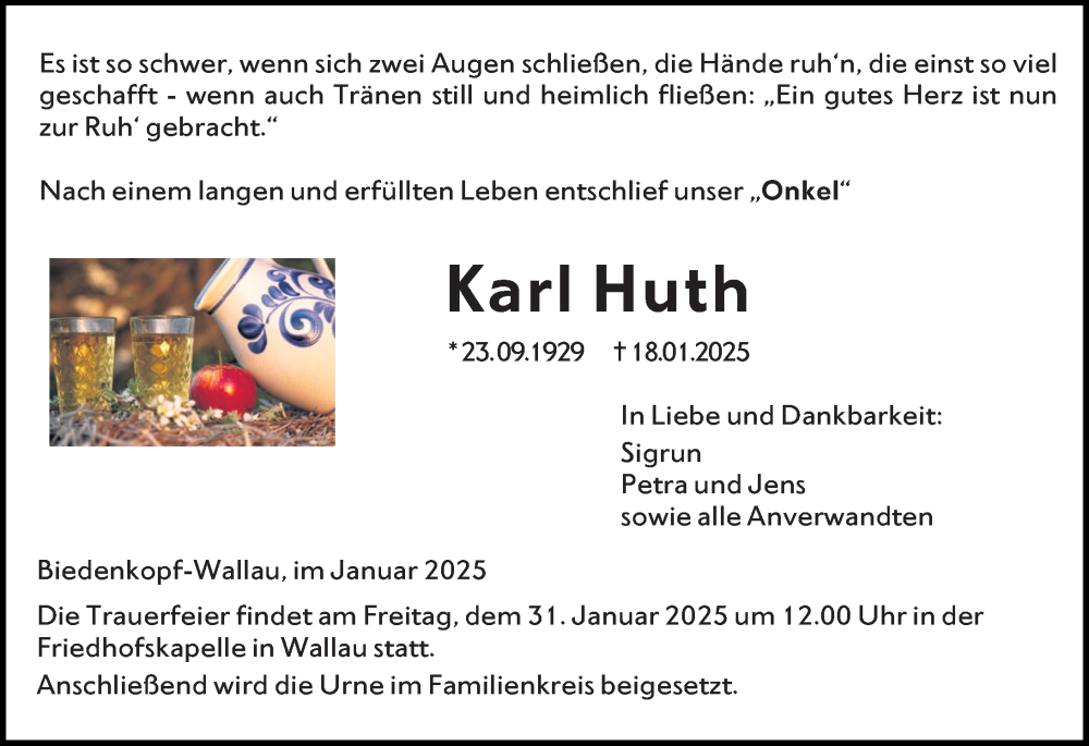  Traueranzeige für Karl Huth vom 27.01.2025 aus Hinterländer Anzeiger
