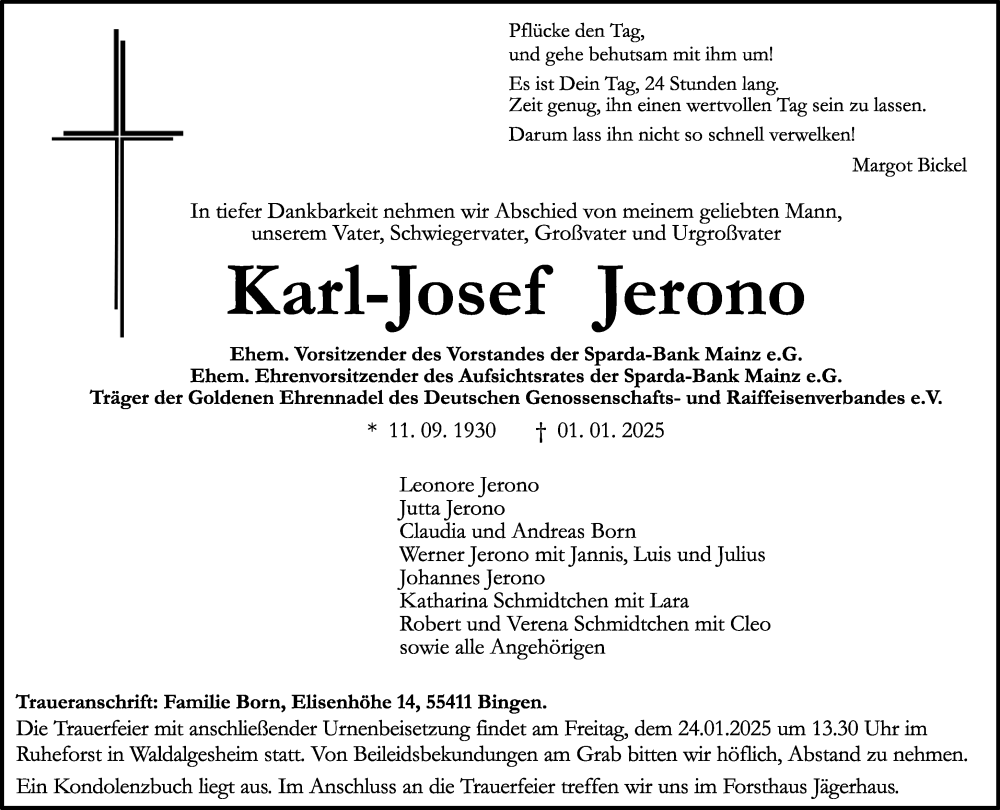  Traueranzeige für Karl-Josef Jerono vom 11.01.2025 aus Allgemeine Zeitung Rheinhessen-Nahe