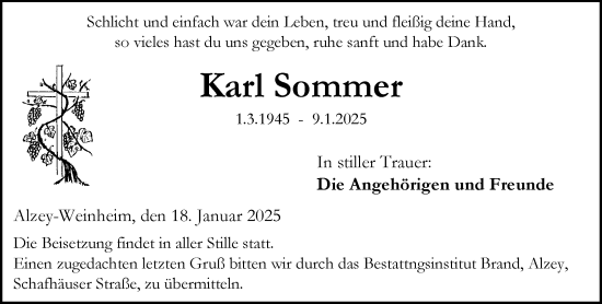 Traueranzeige von Karl Sommer von Allgemeine Zeitung Alzey