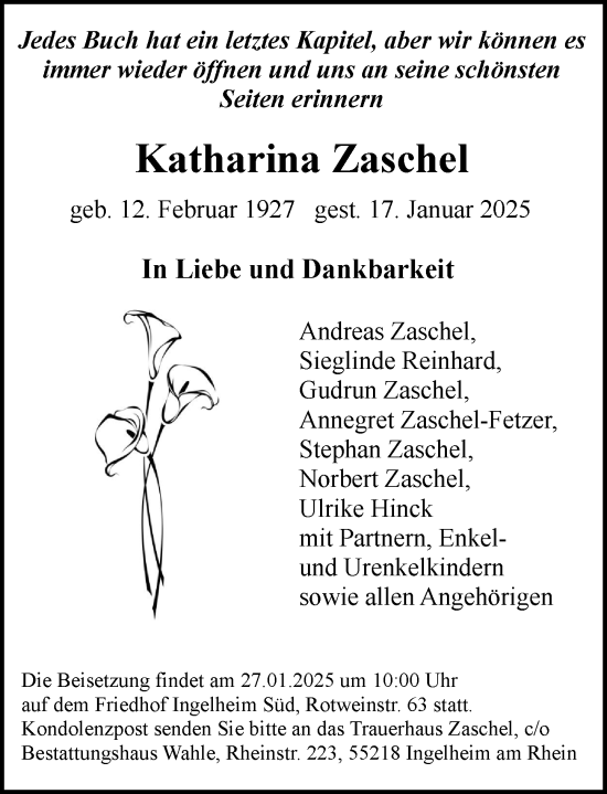 Traueranzeige von Katharina Zaschel von Allgemeine Zeitung Rheinhessen-Nahe