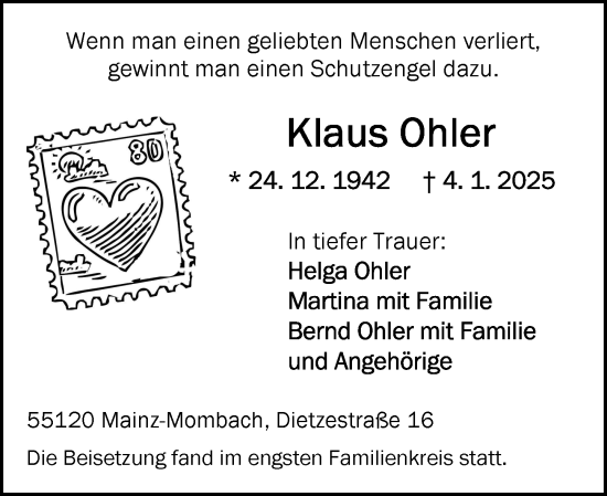 Traueranzeige von Klaus Ohler von Allgemeine Zeitung Mainz