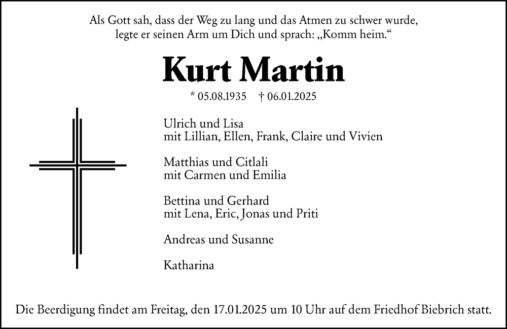  Traueranzeige für Kurt Martin vom 11.01.2025 aus Wiesbadener Kurier