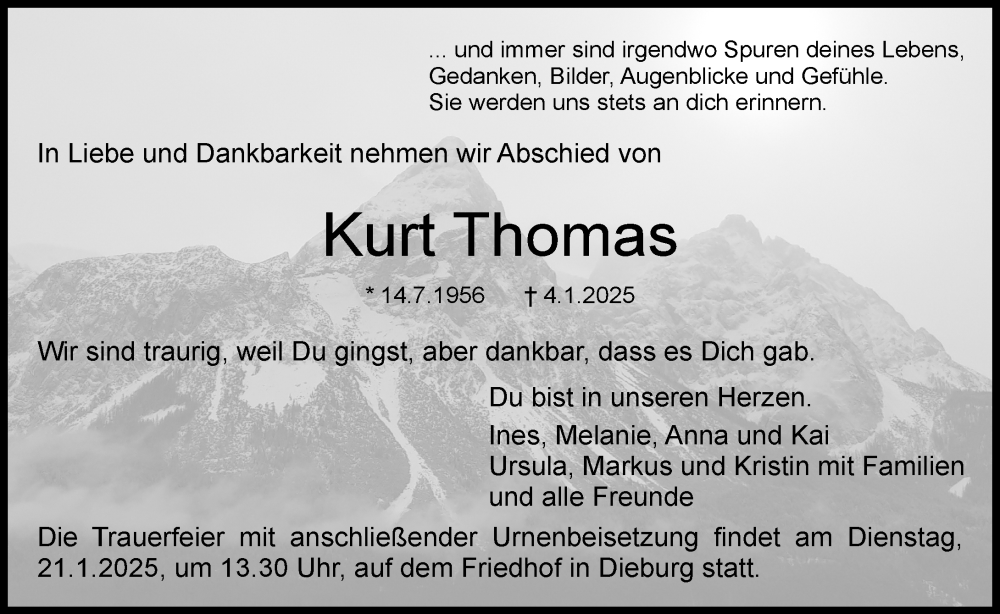  Traueranzeige für Kurt Thomas vom 11.01.2025 aus Dieburger Anzeiger/Groß-Zimmerner Lokal-Anzeiger