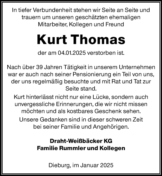 Traueranzeige von Kurt Thomas von Dieburger Anzeiger/Groß-Zimmerner Lokal-Anzeiger