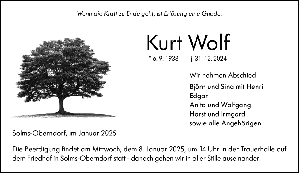  Traueranzeige für Kurt Wolf vom 04.01.2025 aus Wetzlarer Neue Zeitung