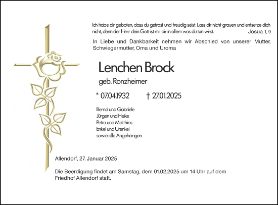 Traueranzeige von Lenchen Brock von Hinterländer Anzeiger