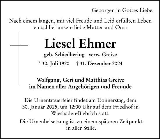 Traueranzeige von Liesel Ehmer von Wiesbadener Kurier