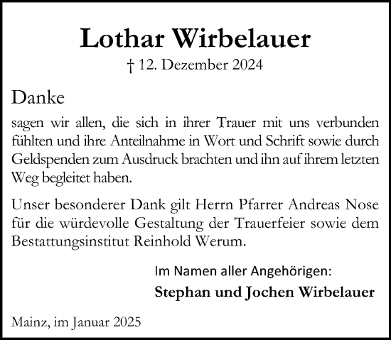 Traueranzeige von Lothar Wirbelauer von Allgemeine Zeitung Mainz