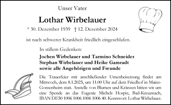 Traueranzeige von Lothar Wirbelauer von Allgemeine Zeitung Mainz