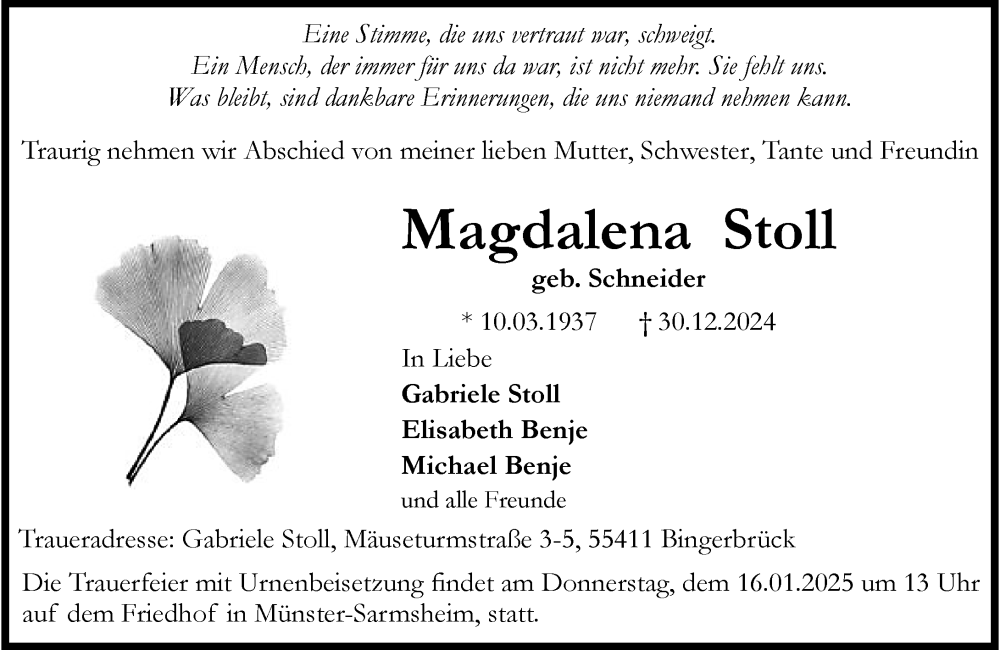  Traueranzeige für Magdalena Stoll vom 11.01.2025 aus Allgemeine Zeitung Rheinhessen-Nahe