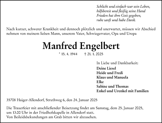 Traueranzeige von Manfred Engelbert von Dill Block