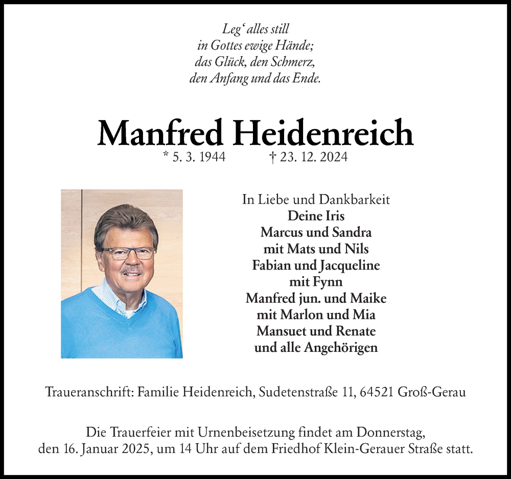  Traueranzeige für Manfred Heidenreich vom 11.01.2025 aus Rüsselsheimer Echo