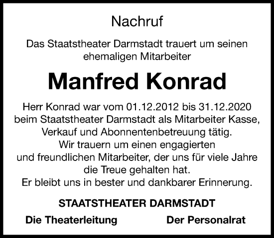 Traueranzeige von Manfred Konrad von Darmstädter Echo