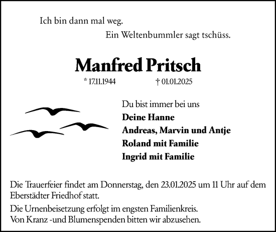 Traueranzeige von Manfred Pritsch von Darmstädter Echo