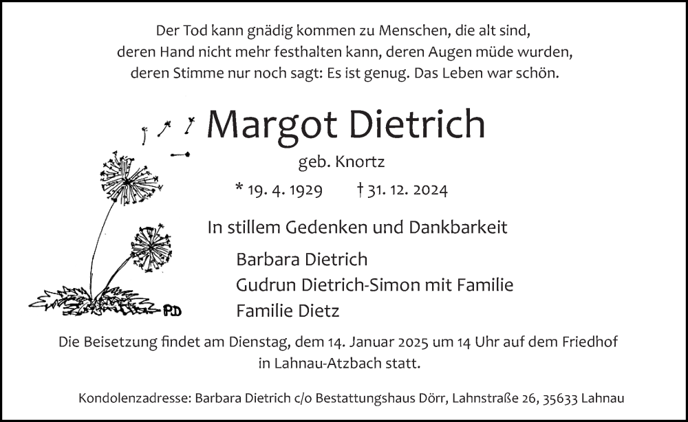  Traueranzeige für Margot Dietrich vom 09.01.2025 aus Wetzlarer Neue Zeitung
