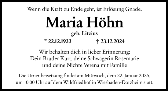 Traueranzeige von Maria Höhn von Wiesbadener Kurier
