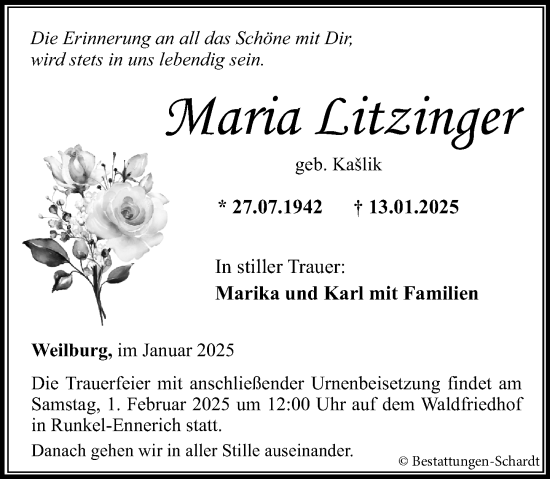 Traueranzeige von Maria Litzinger von Weilburger Tageblatt