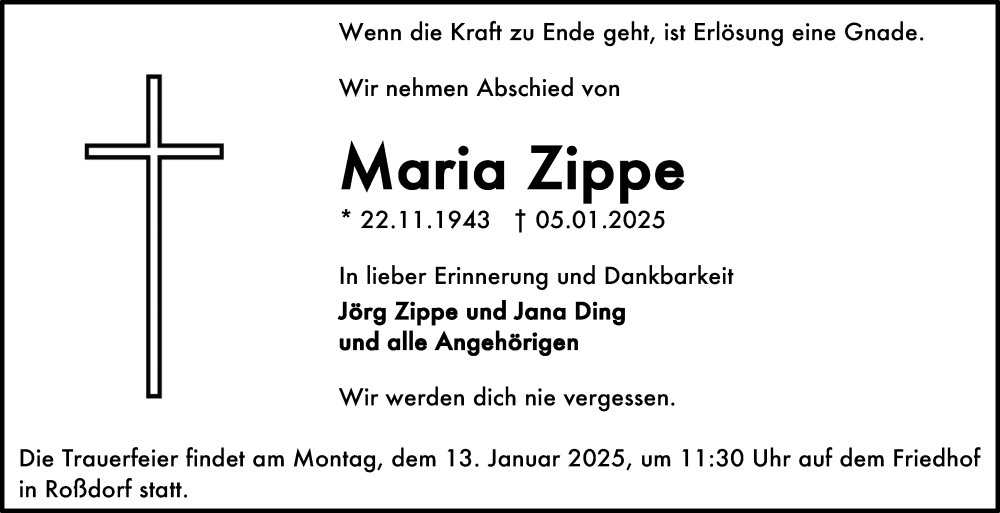  Traueranzeige für Maria Zippe vom 08.01.2025 aus Darmstädter Echo