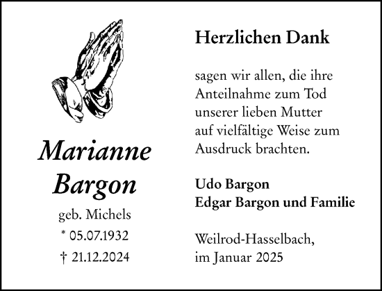 Traueranzeige von Marianne Bargon von Camberger Anzeiger