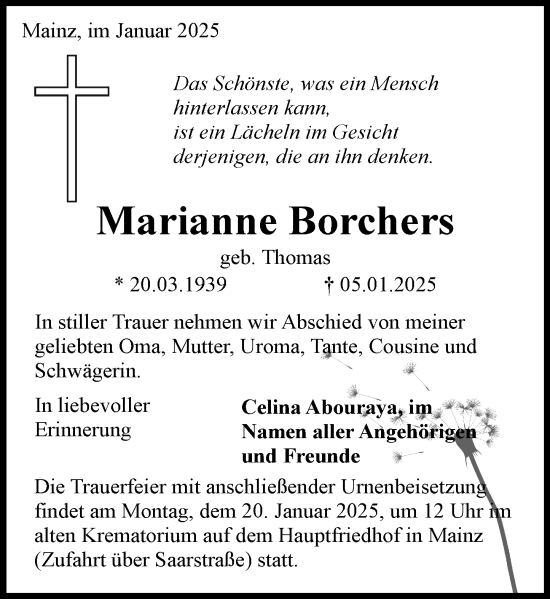 Traueranzeige von Marianne Borchers von Allgemeine Zeitung Mainz