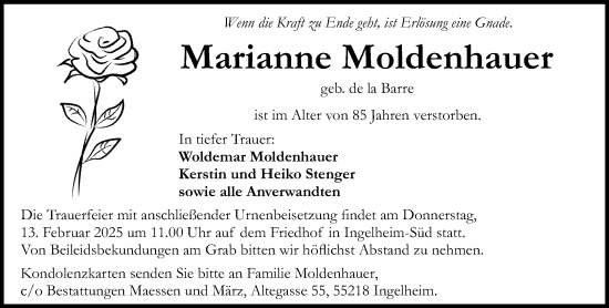 Traueranzeige von Marianne Moldenhauer von Allgemeine Zeitung Rheinhessen-Nahe