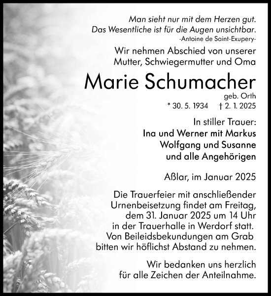 Traueranzeige von Marie Schumacher von Wetzlarer Neue Zeitung