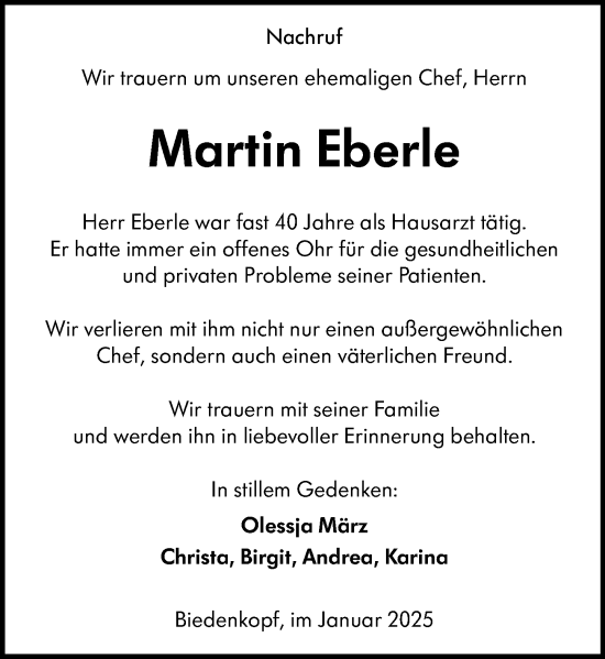 Traueranzeige von Martin Eberle von Hinterländer Anzeiger