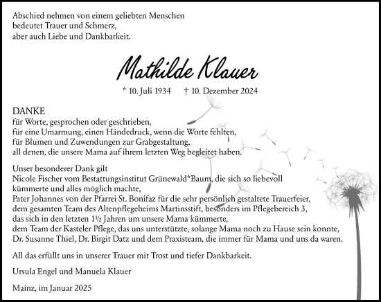 Traueranzeige von Mathilde Klauer von Allgemeine Zeitung Mainz