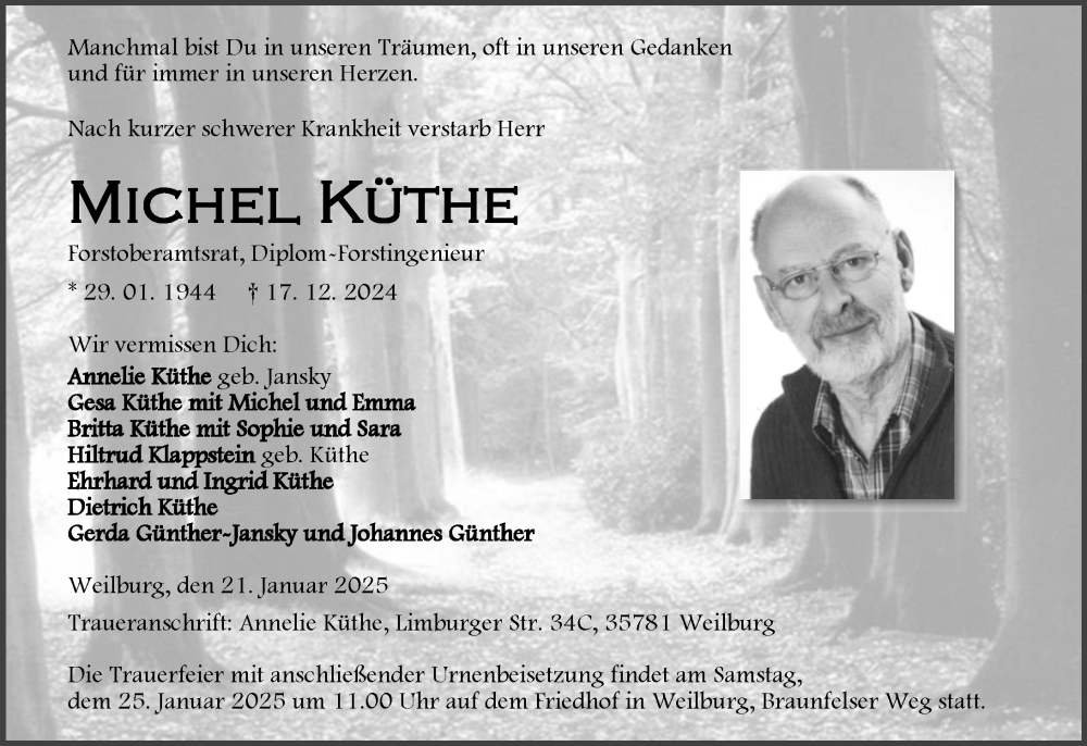  Traueranzeige für Michel Küthe vom 21.01.2025 aus Weilburger Tageblatt