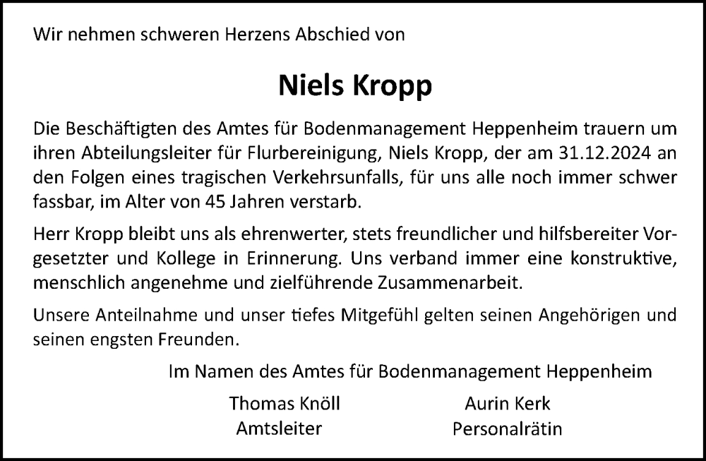  Traueranzeige für Niels Kropp vom 18.01.2025 aus Starkenburger Echo