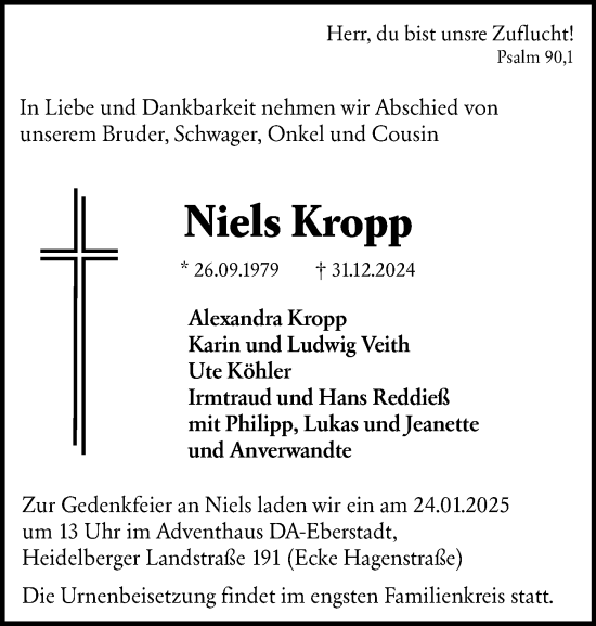 Traueranzeige von Niels Kropp von Darmstädter Echo