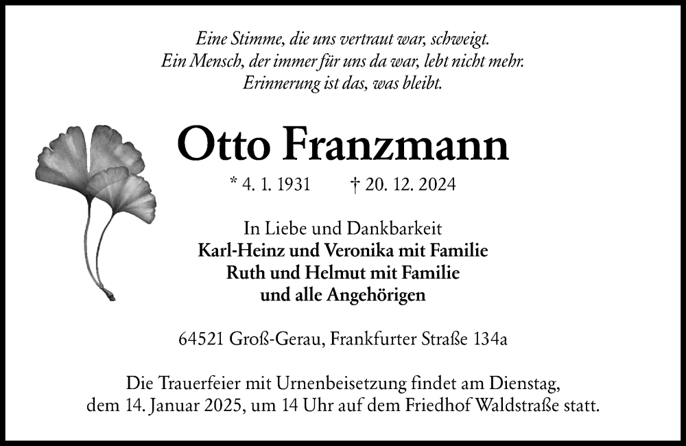  Traueranzeige für Otto Franzmann vom 11.01.2025 aus Groß-Gerauer Echo