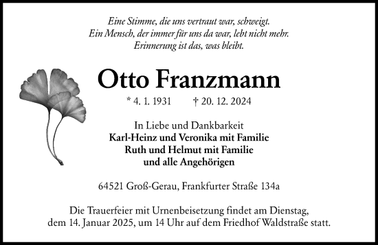 Traueranzeige von Otto Franzmann von Groß-Gerauer Echo