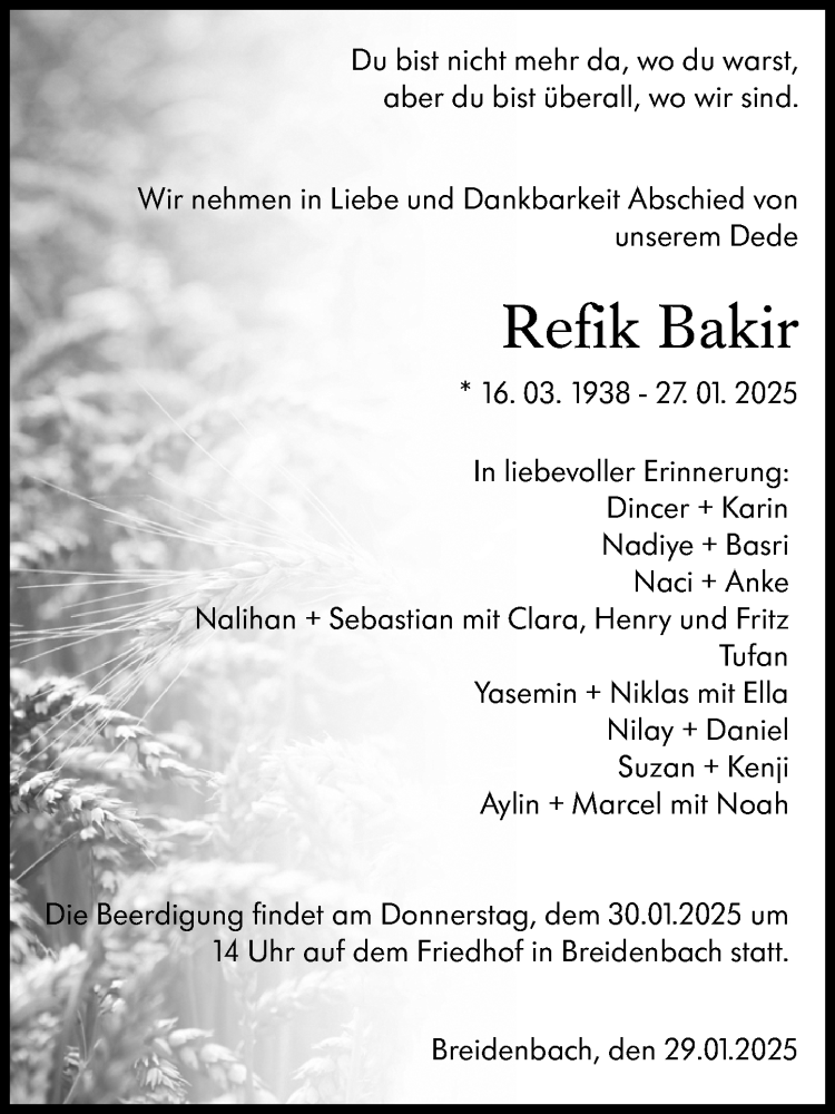  Traueranzeige für Refik Bakir vom 29.01.2025 aus Hinterländer Anzeiger