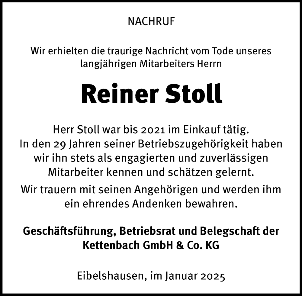  Traueranzeige für Reiner Stoll vom 11.01.2025 aus Dill Block