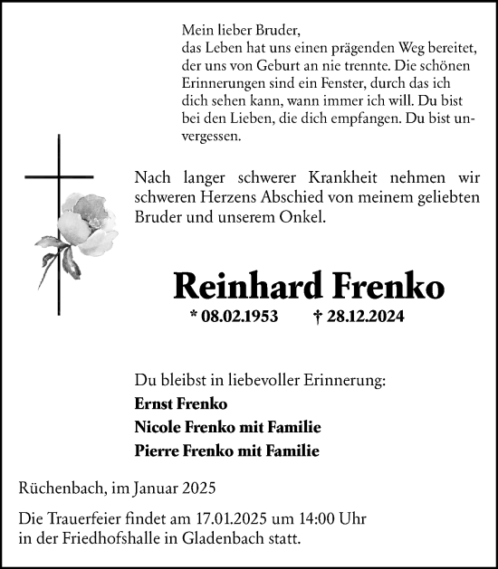 Traueranzeige von Reinhard Frenko von Hinterländer Anzeiger